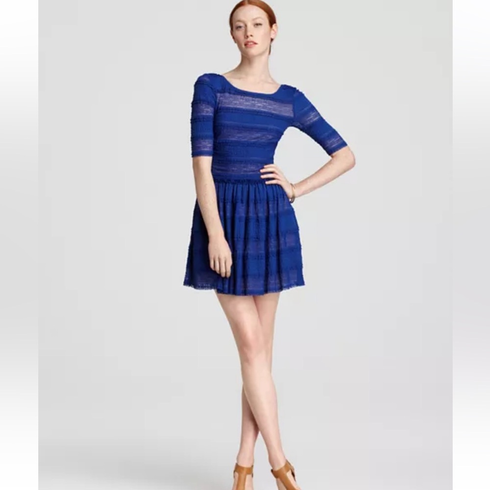 BCBGMaxAzria Blue Fit and Flare Mini Dress with Lace Elbow Length Sleeves | S